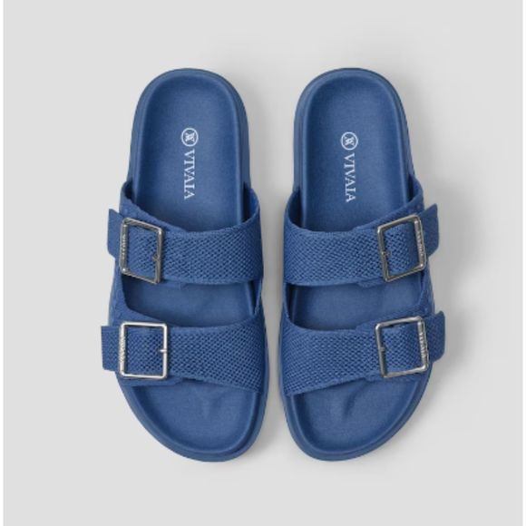 vivaia Shoes - Vivaia NWTNikki Blue Denim Dual Adjustable Buckle Slides Sandals 7.5